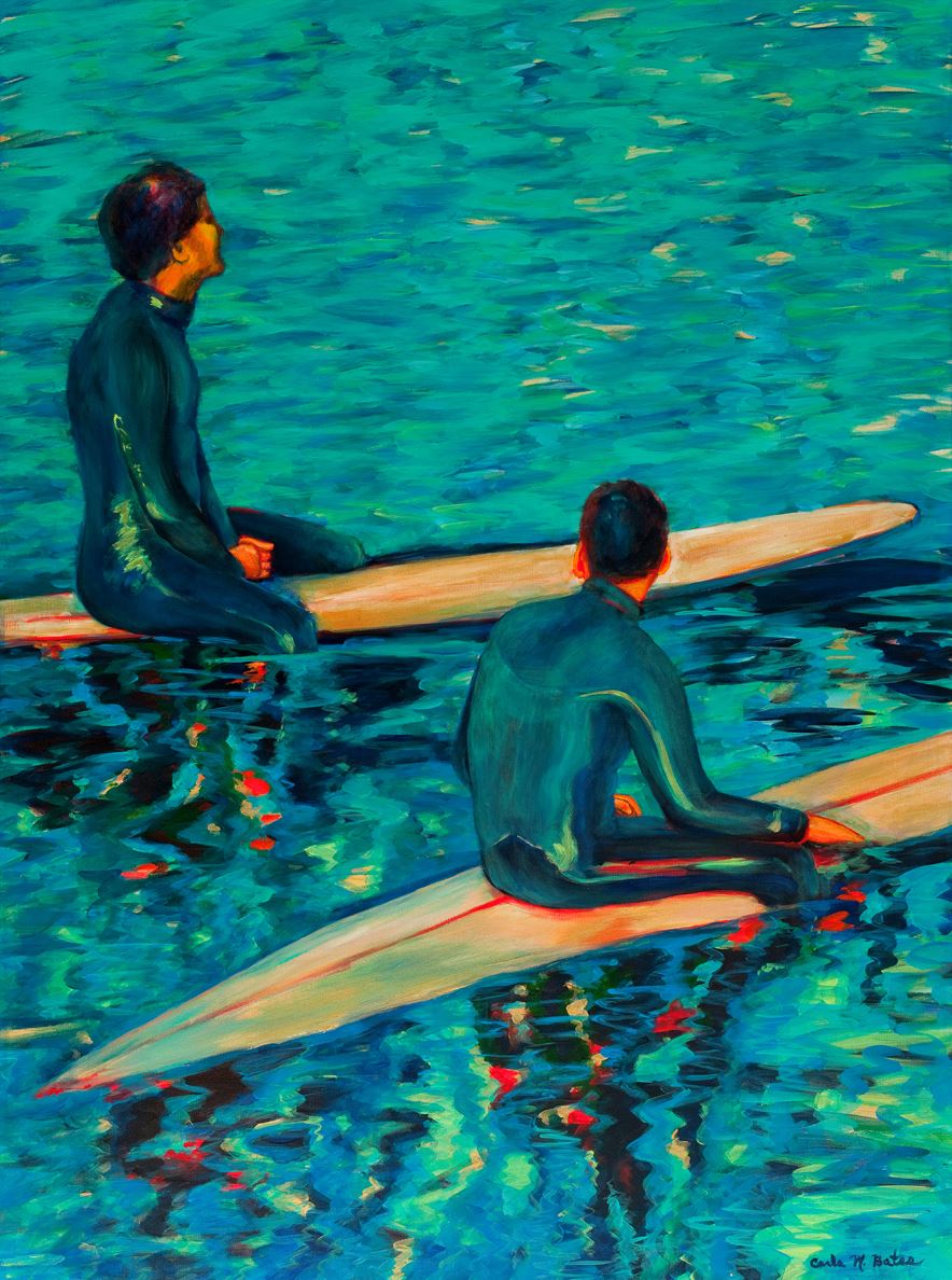 Artist Carla Bates artwork, surfers in water